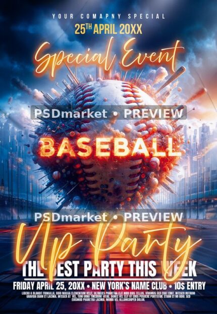 Glowing Baseball Skyline Party Flyer — reduced watermarked source artwork preview