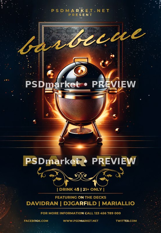 Glowing Black and Gold Barbecue Party Flyer PSD Template — PSD template preview