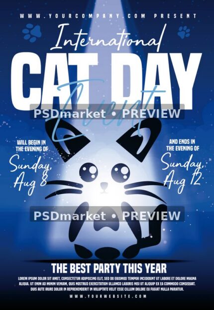 Deep blue International Cat Day flyer with glowing cartoon cat, paw prints, stars and white headline