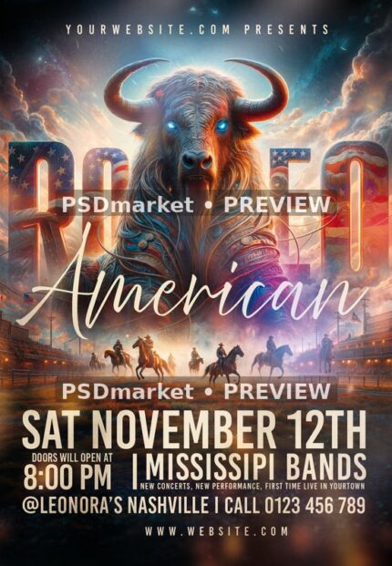 Glowing Eyes Fantasy Bull American Rodeo Flyer PSD Template — PSD template preview