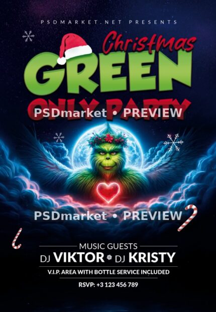 Glowing Heart Green Christmas Party Flyer PSD Template — reduced watermarked source artwork preview