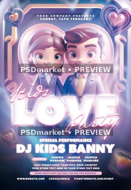Pink lavender and blue kids love party flyer with two cartoon children, glowing hearts and luminous LOVE lettering