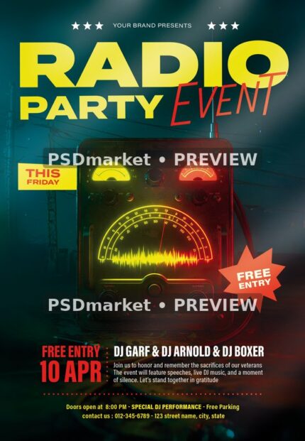 Glowing Meter Radio Party Event Flyer — reduced watermarked preview of the supplied artwork