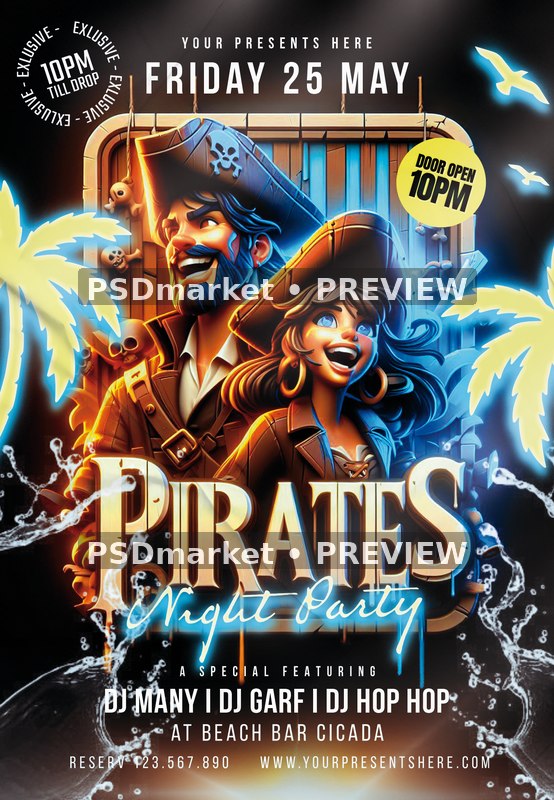Glowing Pirate Duo Night Party Flyer — reduced watermarked source artwork preview