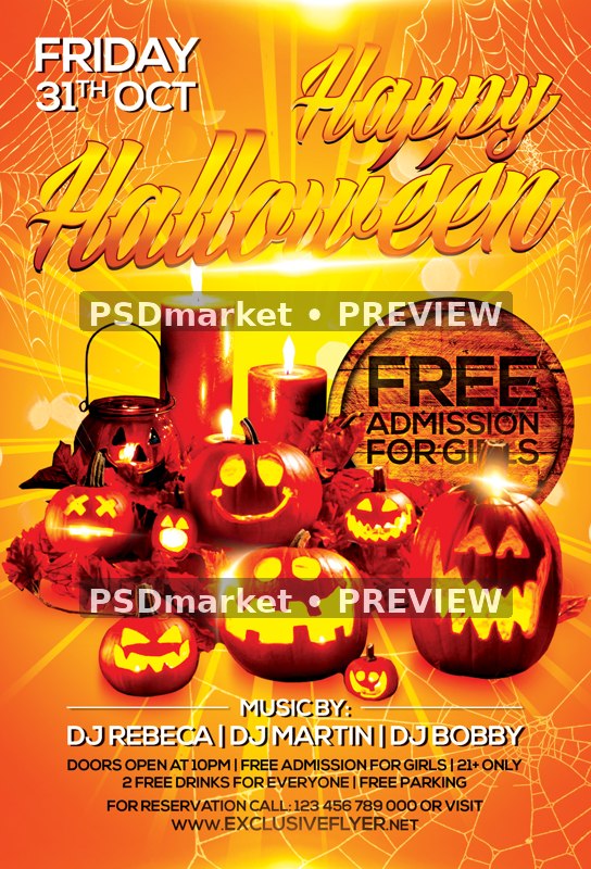 Glowing Pumpkins and Candles Happy Halloween Flyer PSD Template — PSD template preview