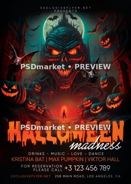 Glowing Skull Halloween Madness Flyer PSD Template — reduced watermarked source artwork preview