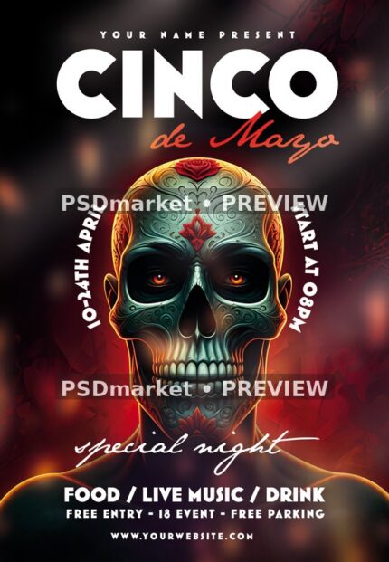 Glowing Sugar Skull Cinco de Mayo Flyer — watermarked artwork preview