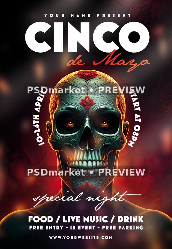 Glowing Sugar Skull Cinco de Mayo Flyer PSD Template — PSD template preview