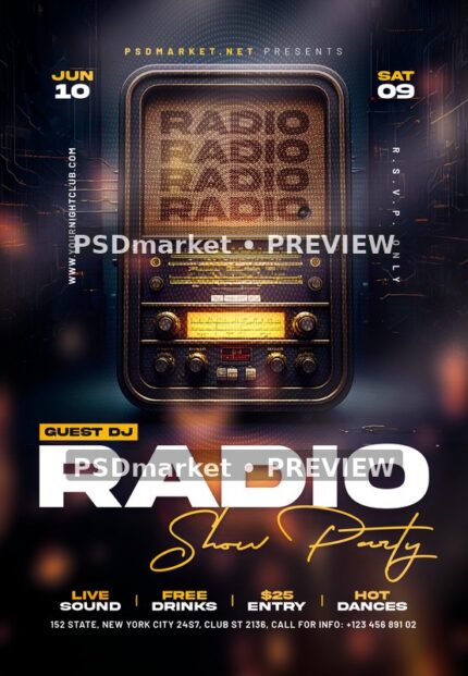 Glowing Vintage Radio Show Party Flyer PSD Template — PSD template preview