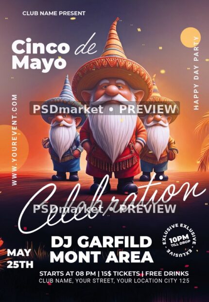 Gnome Trio Cinco de Mayo Celebration Flyer — watermarked artwork preview