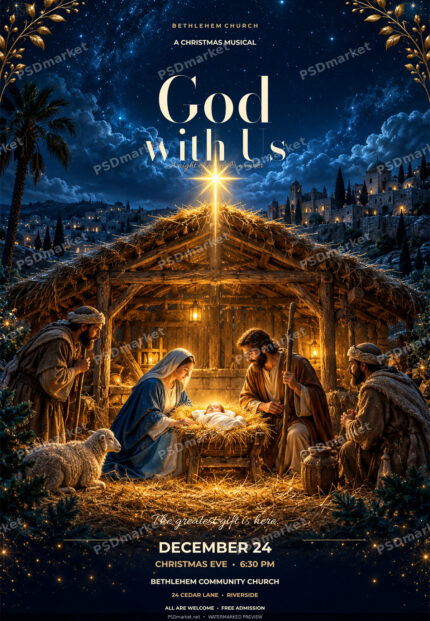 Watermarked God With Us Christmas musical flyer with cream serif text, deep blue starry sky, gold foliage and an illuminated Nativity stable