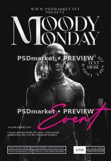 Goggled Figure Moody Monday Event Flyer PSD Template — PSD template preview