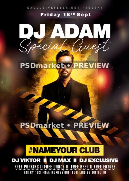 Gold Caution Tape DJ Guest Flyer — reduced watermarked preview of the supplied artwork
