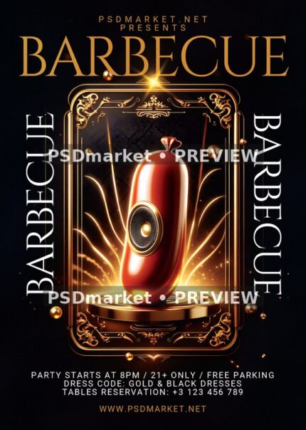 Gold Frame Sausage Speaker Barbecue Flyer PSD Template — PSD template preview