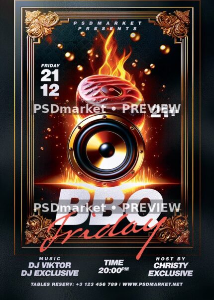Gold Frame Steak Speaker BBQ Friday Flyer PSD Template — PSD template preview