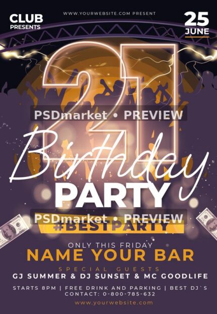 Purple and gold birthday club flyer with glowing numerals and crowd silhouettes, with two horizontal PSDmarket preview watermarks