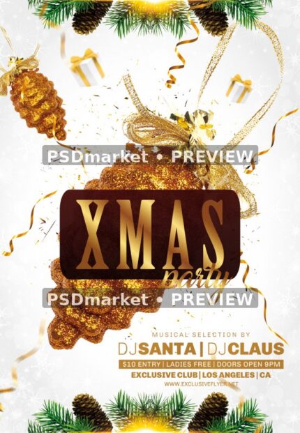 Gold Pinecone Xmas Party Flyer and Social PSD Template — reduced watermarked source artwork preview