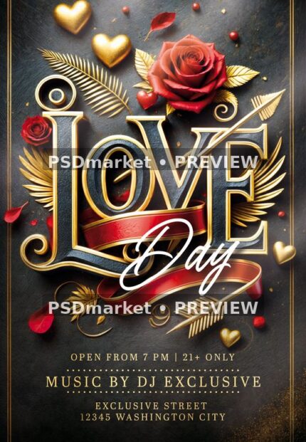 Ornate gold and red Love Day flyer with roses, ribbon, hearts and dark textured background. Two horizontal PSDmarket preview watermarks.
