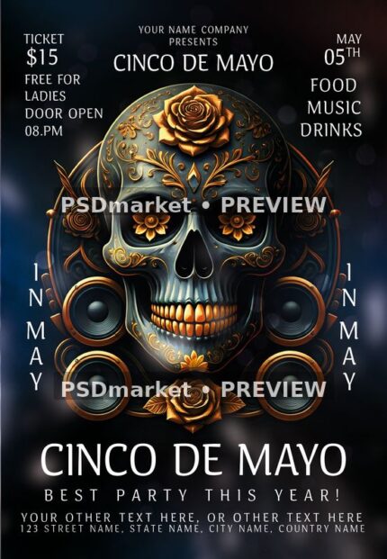 Dark Cinco de Mayo flyer with ornate gold floral skull, round speakers and pale event lettering. Two horizontal PSDmarket preview watermarks.