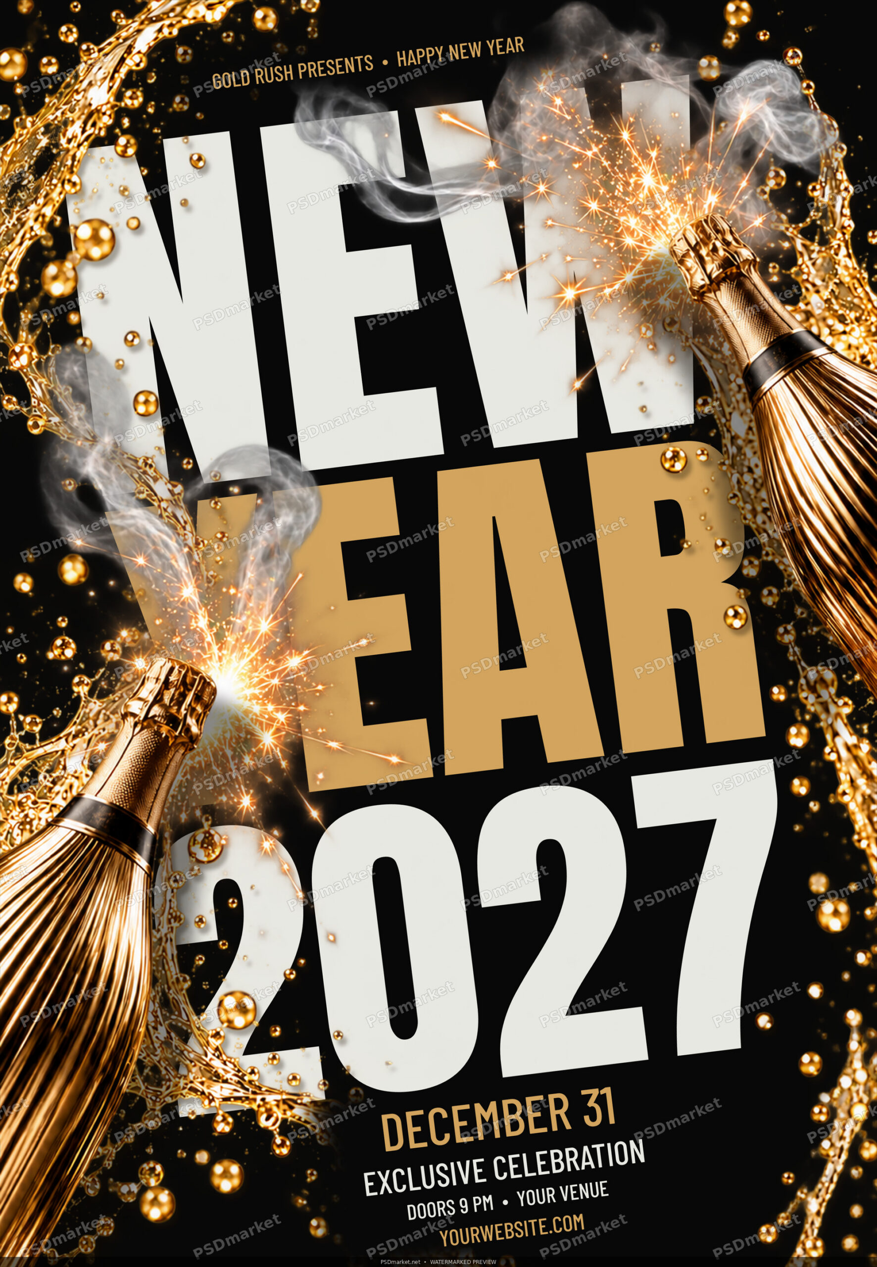Gold Rush 2027 Champagne New Year PSD Flyer — PSD template preview