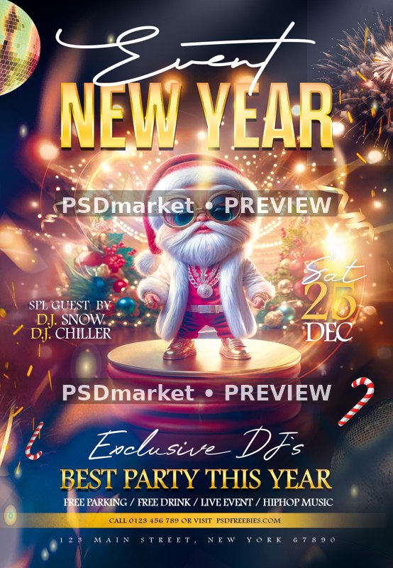 Gold Sunglasses Santa New Year Flyer PSD Template — reduced watermarked source artwork preview