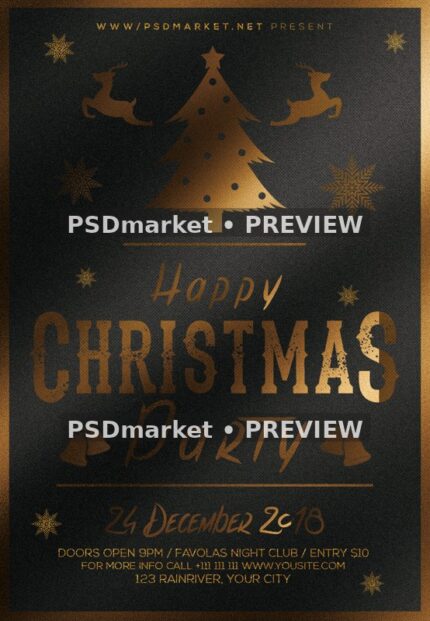 Gold Tree and Reindeer Christmas Party Flyer PSD Template — reduced watermarked source artwork preview