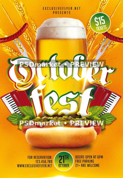 Golden Beer and Hot Dog Oktoberfest Flyer PSD Template — PSD template preview