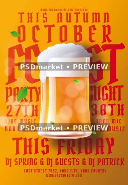 Golden Beer Glass Oktoberfest Flyer PSD Template — PSD template preview