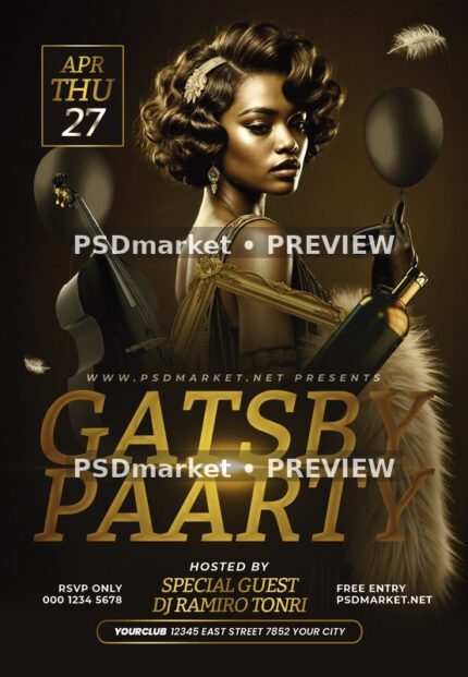 Golden Bob Portrait Gatsby Party Flyer PSD Template — PSD template preview