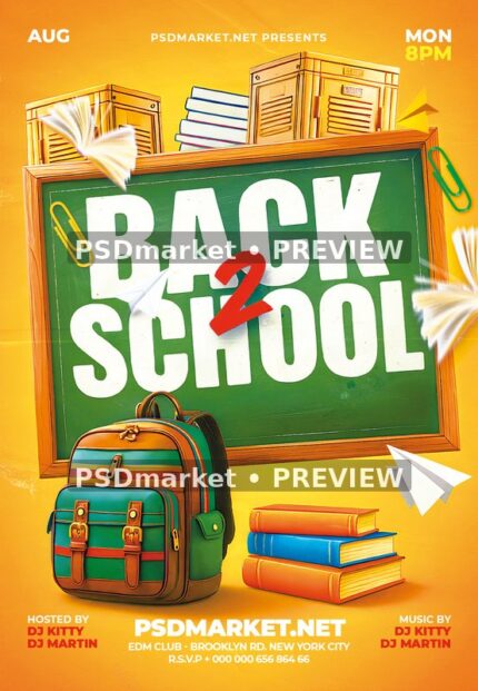 Golden Chalkboard and Backpack School Flyer PSD Template — PSD template preview