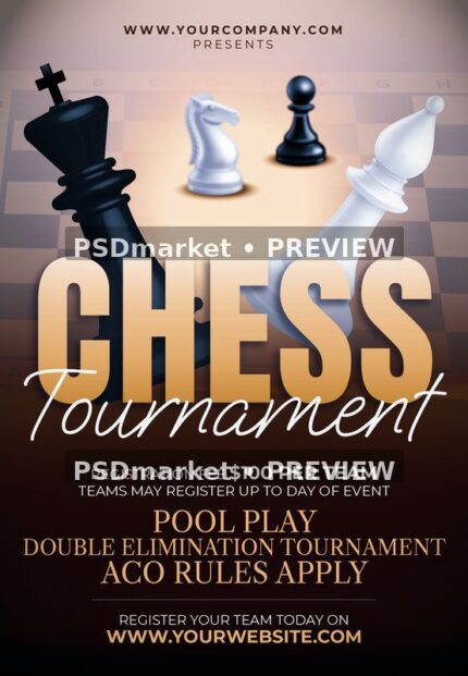Golden Chess Pieces Tournament Flyer PSD Template — PSD template preview