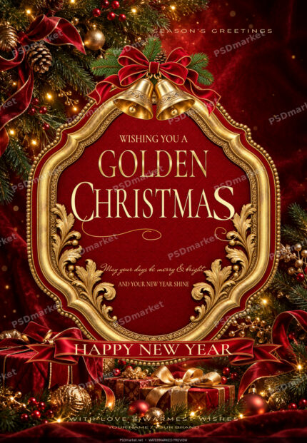 Red and gold Christmas greeting flyer with ornate gold frame, bells, red ribbons and holiday gifts.