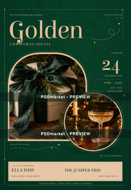 Emerald-green and gold Christmas social flyer with gift and champagne photography, protected by two PSDmarket preview bands