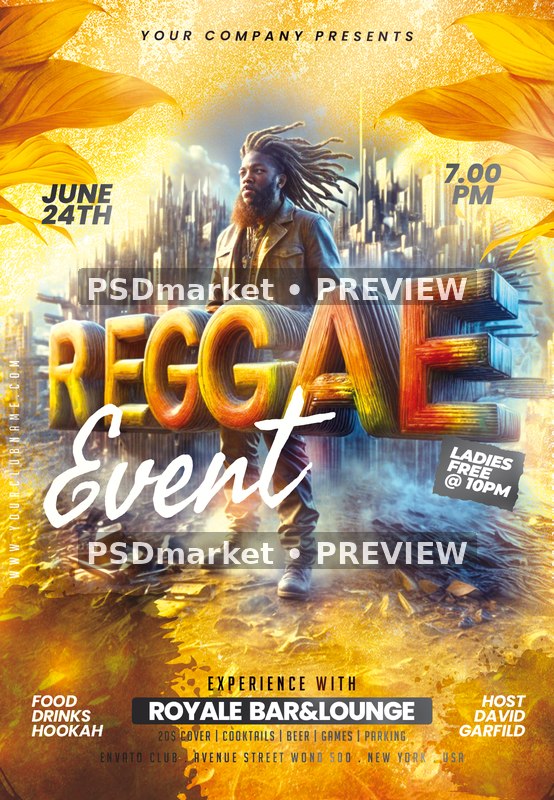 Golden City Portrait Reggae Event Flyer PSD Template — PSD template preview