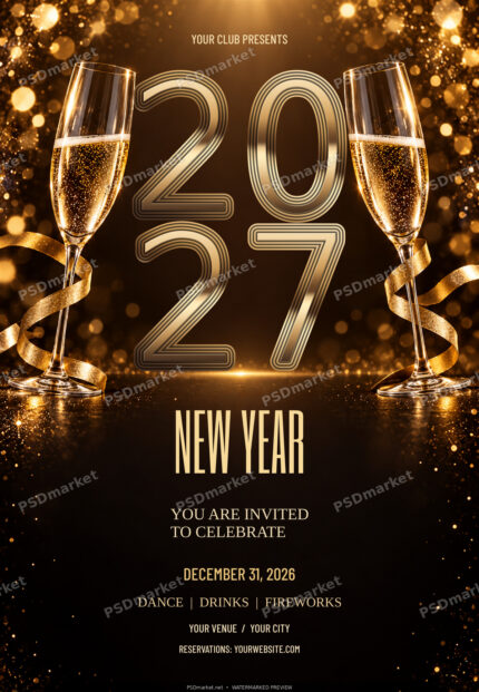 Golden Countdown New Year 2027 flyer with gold contour numerals, two champagne flutes and sparkling ribbons.
