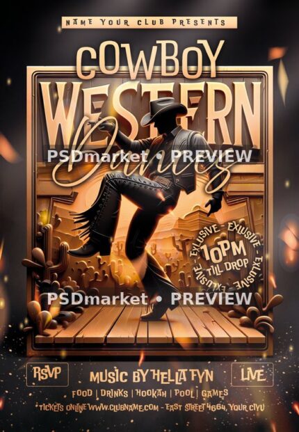 Golden Cowboy Western Dances Flyer PSD Template — PSD template preview