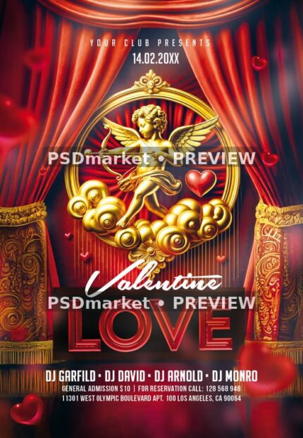 Golden Cupid Theater Valentine Love Flyer PSD Template — PSD template preview