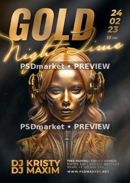 Golden Cyborg Headphones Night Time Flyer PSD Template — PSD template preview