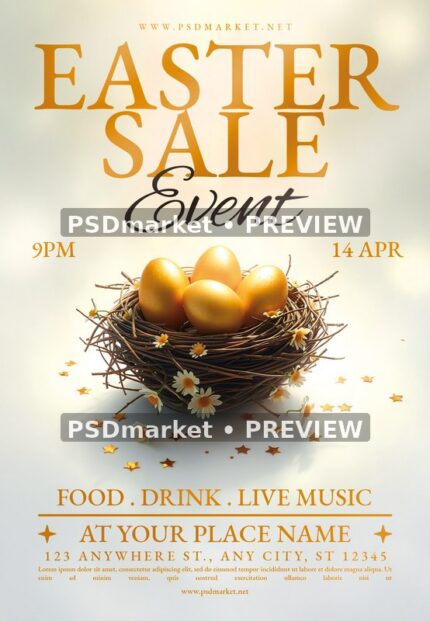 Golden Egg Nest Easter Sale Event Flyer PSD Template — PSD template preview