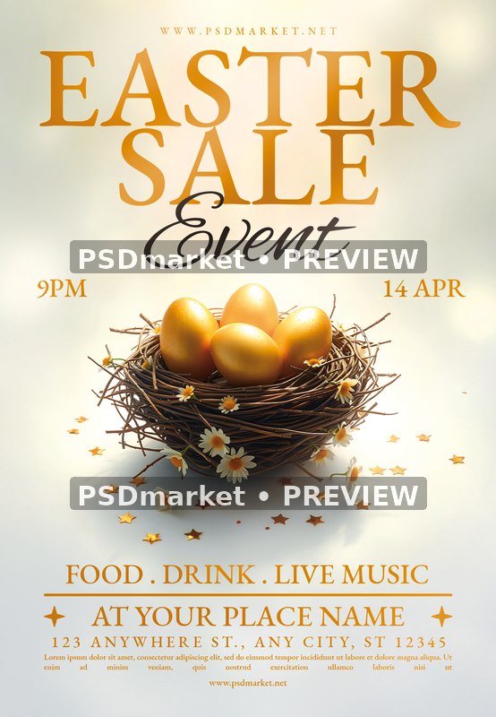 Golden Egg Nest Easter Sale Event Flyer PSD Template — PSD template preview