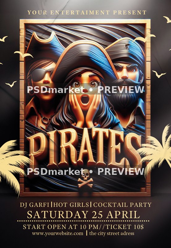 Golden Frame Pirate Trio Party Flyer PSD Template — PSD template preview