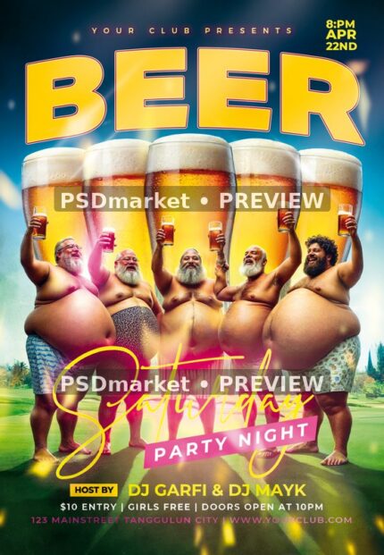 Golden Glasses Saturday Beer Party Flyer PSD Template — PSD template preview