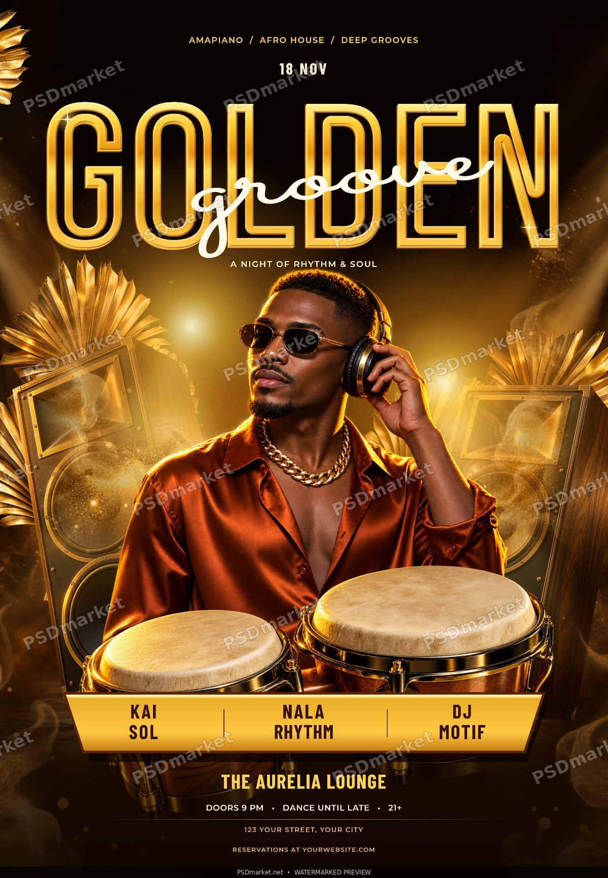 Golden Groove V2 Gold Afro House Club Flyer PSD Template — PSD template preview