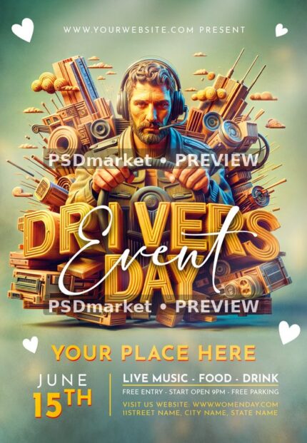 Golden Headset Drivers Day Event Flyer — reduced watermarked source artwork preview