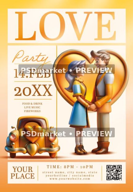 Cream and gold love-party flyer with illustrated couple, heart and vintage car, displayed with two horizontal preview watermarks