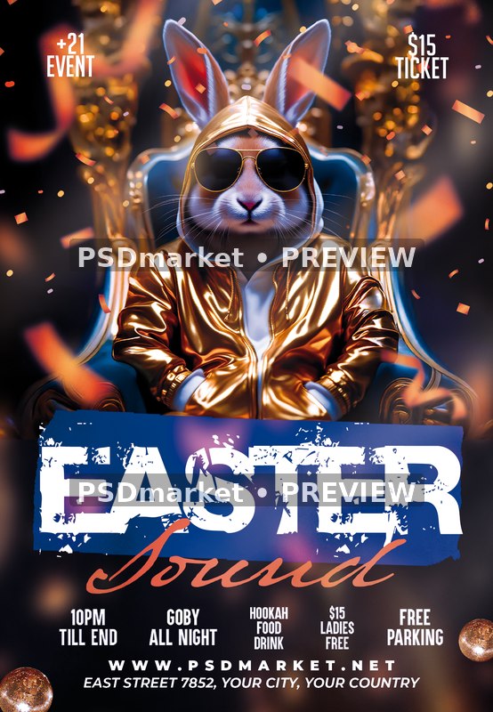 Golden Hoodie Rabbit Easter Sound Flyer PSD Template — PSD template preview