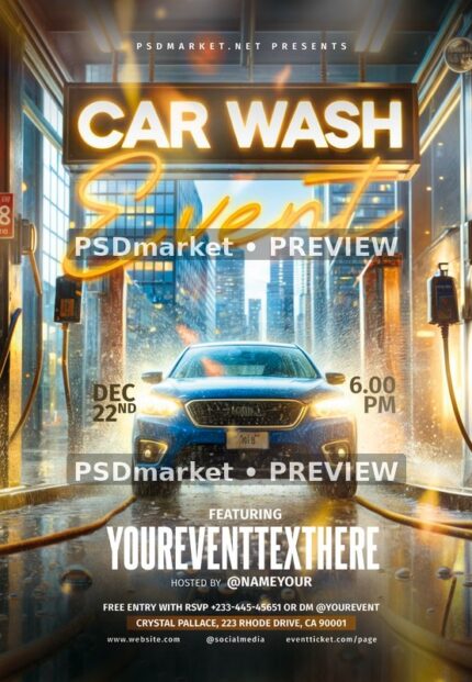 Golden Indoor Car Wash Event Flyer PSD Template — PSD template preview