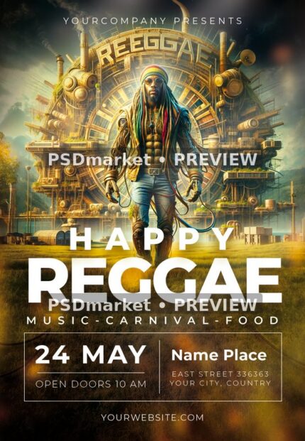 Golden Mechanical Happy Reggae Flyer PSD Template — PSD template preview