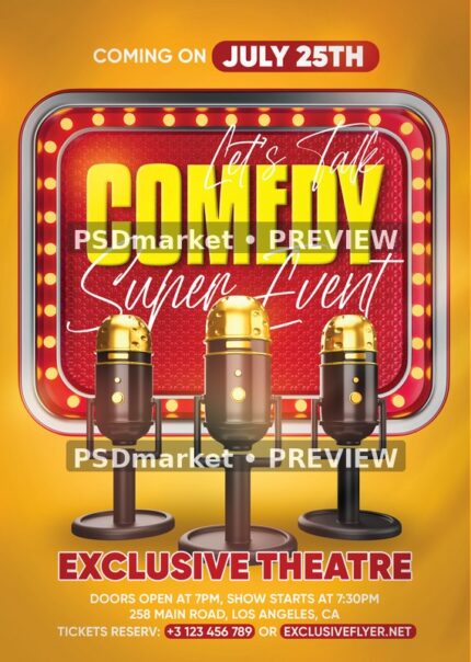 Golden Microphones Marquee Comedy Event Flyer PSD Template — PSD template preview