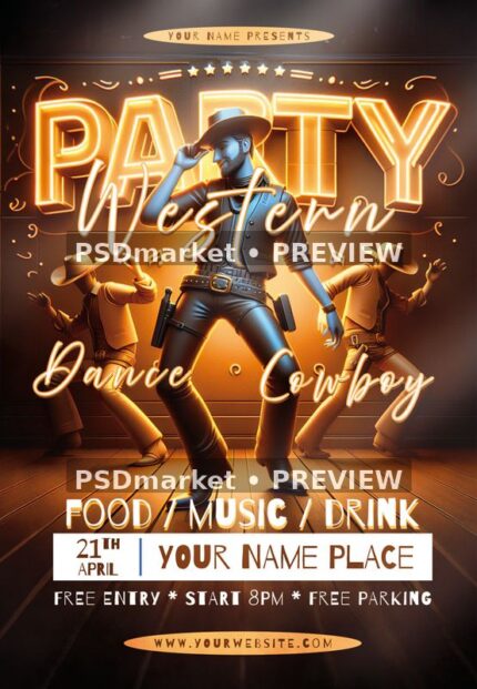 Golden neon western party flyer with dancing cowboy, wooden floor, glowing party letters and white event strip